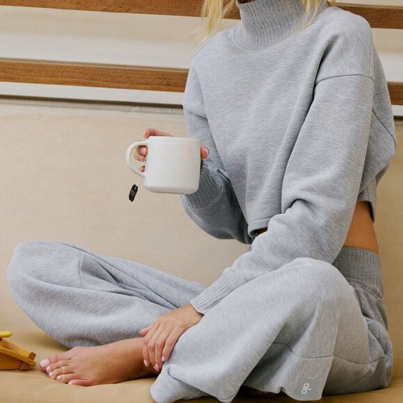 ALO Yoga Pants - Alo Yoga Cropped Serenity Coverup And Serenity Wide Leg Sweatpant Grey In Set